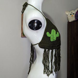 Hand Crafted Green Crochet Fringe Top Cactus Applique M
